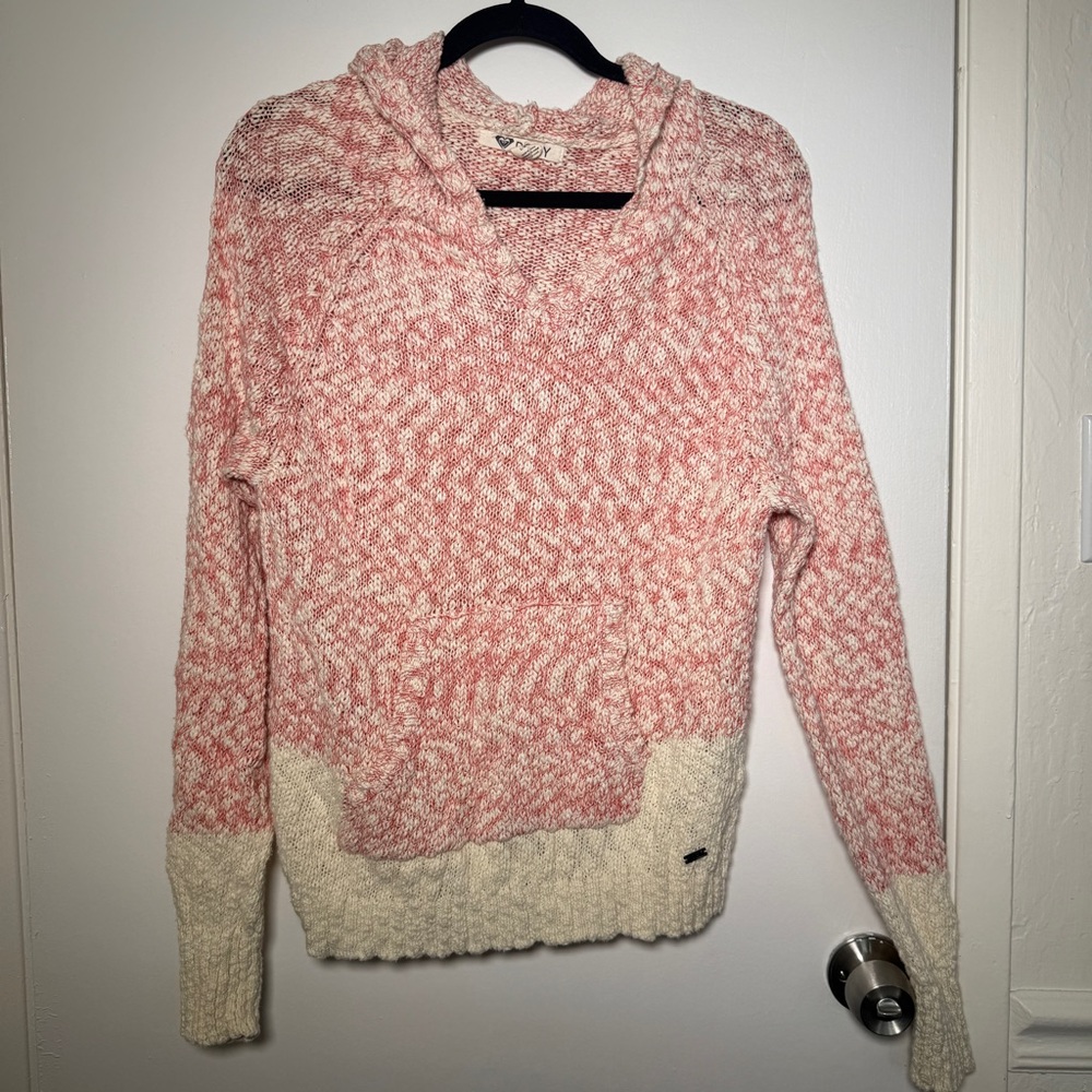 Roxy Women's Pink and Cream Hoodie Pullover Sweater Large